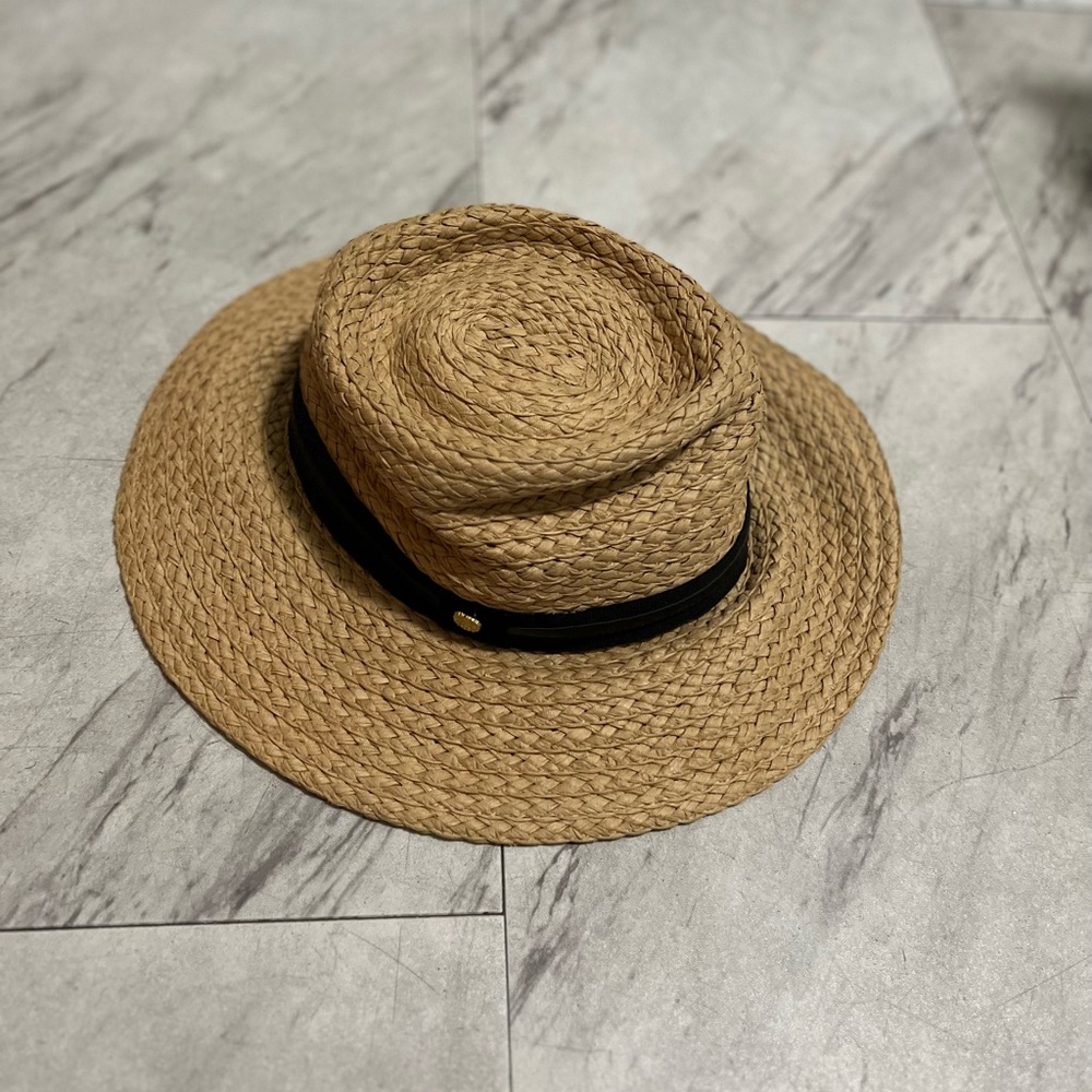 Vince Camuto Straw Panama Hat with Ribbon Trim Tan and Black
